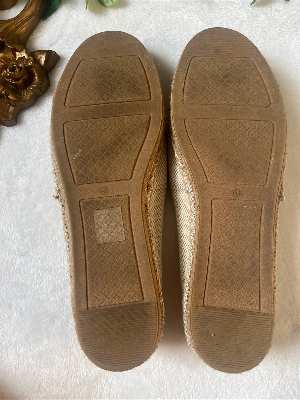 Tory Burch Cream Canvas Espadrille Flats with Brown Leather Toe Cap